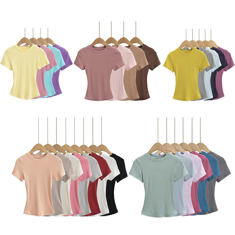 Pure Desire Small Round Neck Tight-Fitting Hot Girl T-Shirt for Women, Summer Versatile Elastic Small Round Neck Basic Ribbed Top