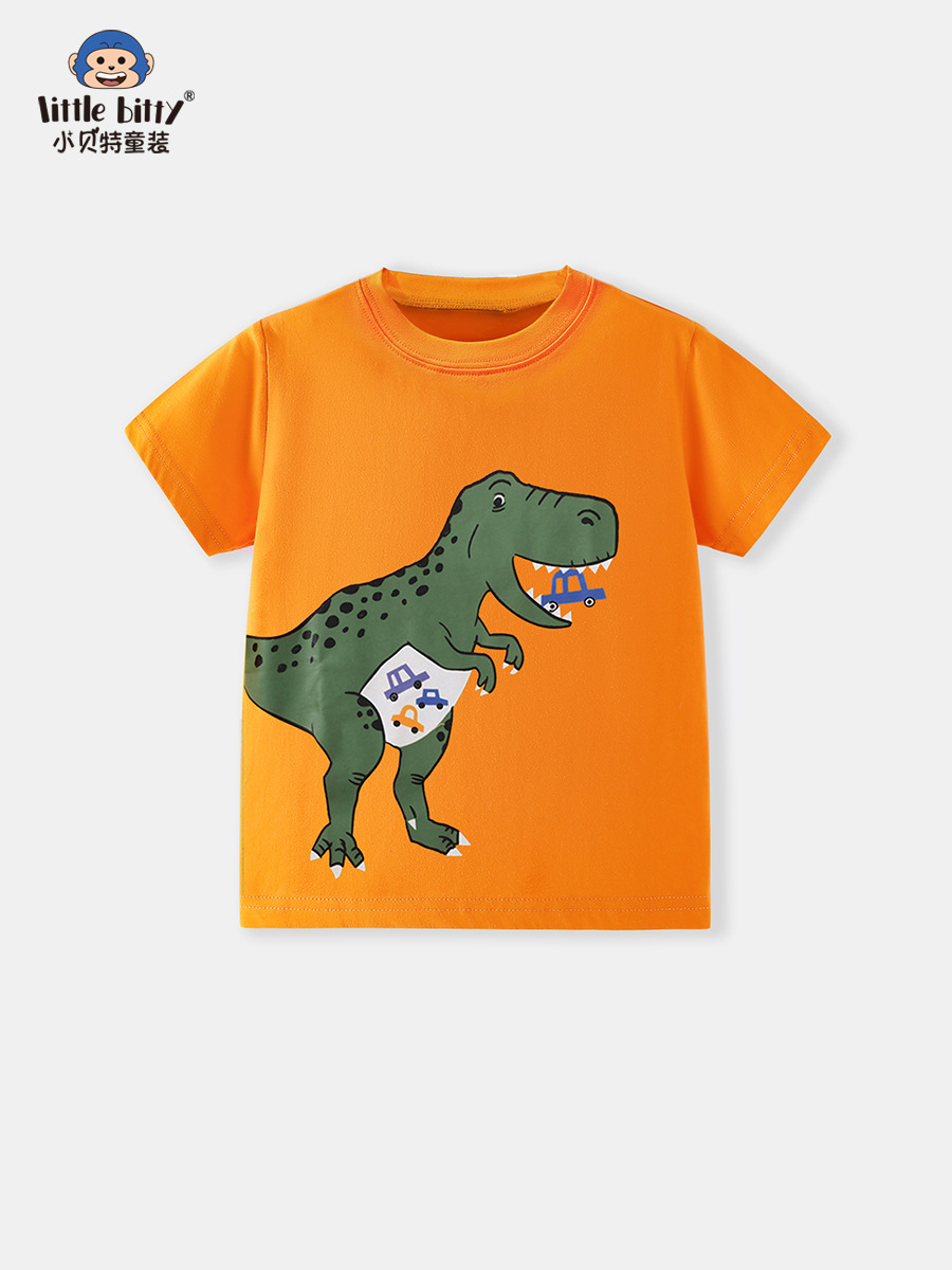 Cross-Border Supply 26Th Spring/Summer New Children's Short-Sleeve T-Shirt with Cartoon Dinosaur Print Round Neck Top in Stock