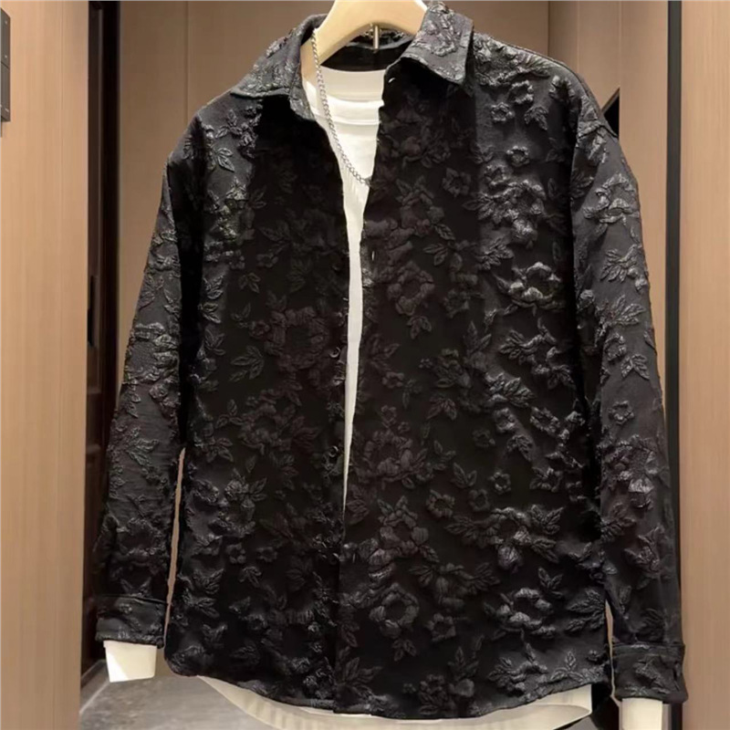 Trendy Jacket Casual Shirt Spring Summer Turn-Down Collar High-End Couple Shirt Loose Long-Sleeve Jacquard Men's Stylish Embossed Feel