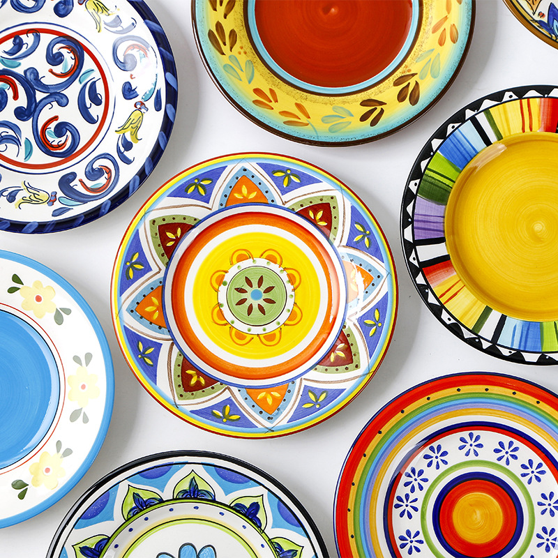 欧美客美式手绘陶瓷盘子创意家用釉下彩餐具平盘8英寸个性装饰盘