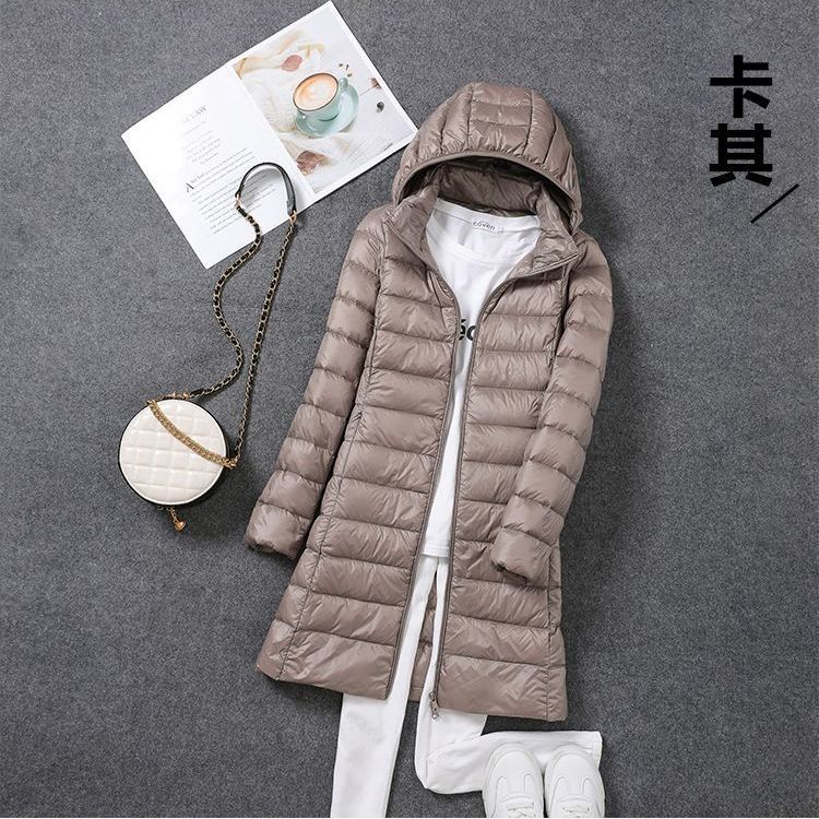 Tik Tok transfronterizo otoño y invierno nuevo chaqueta de plumón ligera de mujeres mediana y larga ropa blanca coreana chaqueta delgada sombrero desmontable
