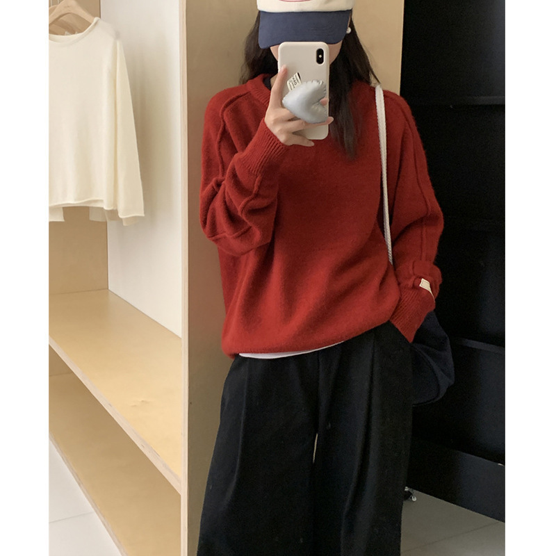 韩版秋冬新款圆领袖口贴标设计宽松学院风毛衣女套头针织衫上衣女|undefined
