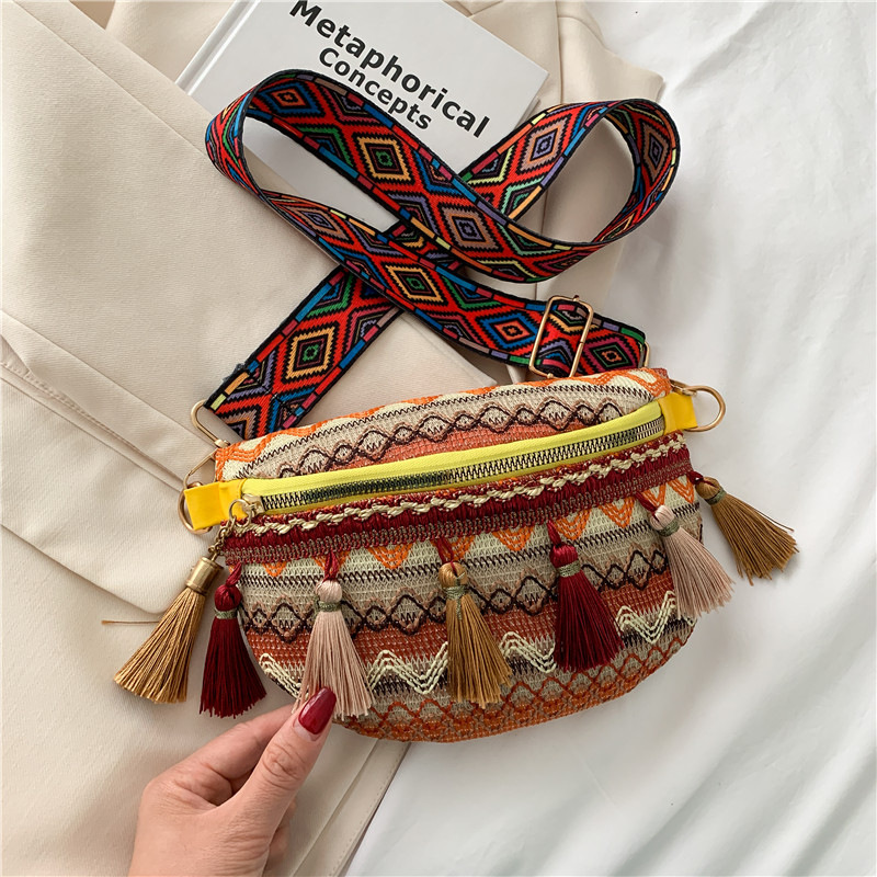Bolso de mujer nueva pequeña fragancia bolso de pecho tejido estilo nacional de viento de color de choque bordilla nuevo cinturón de color retro bolso de cintura bolso de mochila