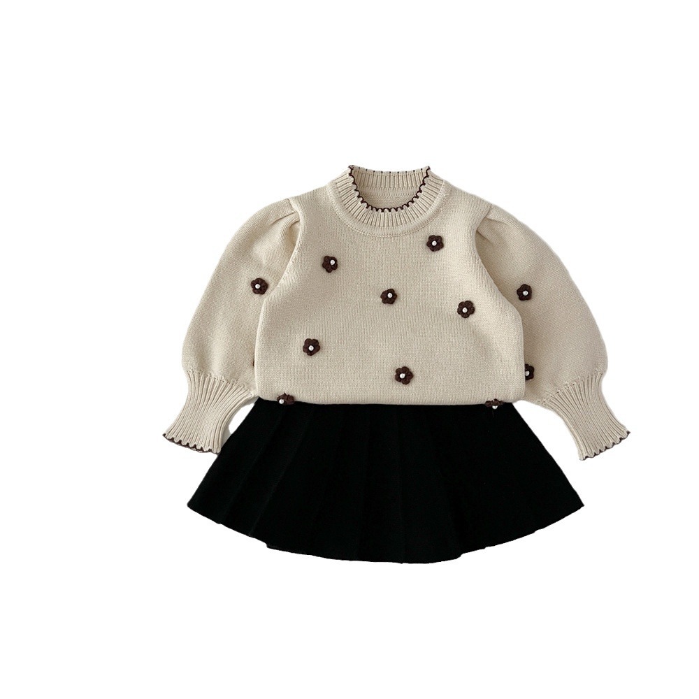 Gonna maglione nuova autunno/inverno 2024, testa lavorata a maglia per bambini, gonna principessa con fiori fatta a mano per bambine, due pezzi_voghion.com