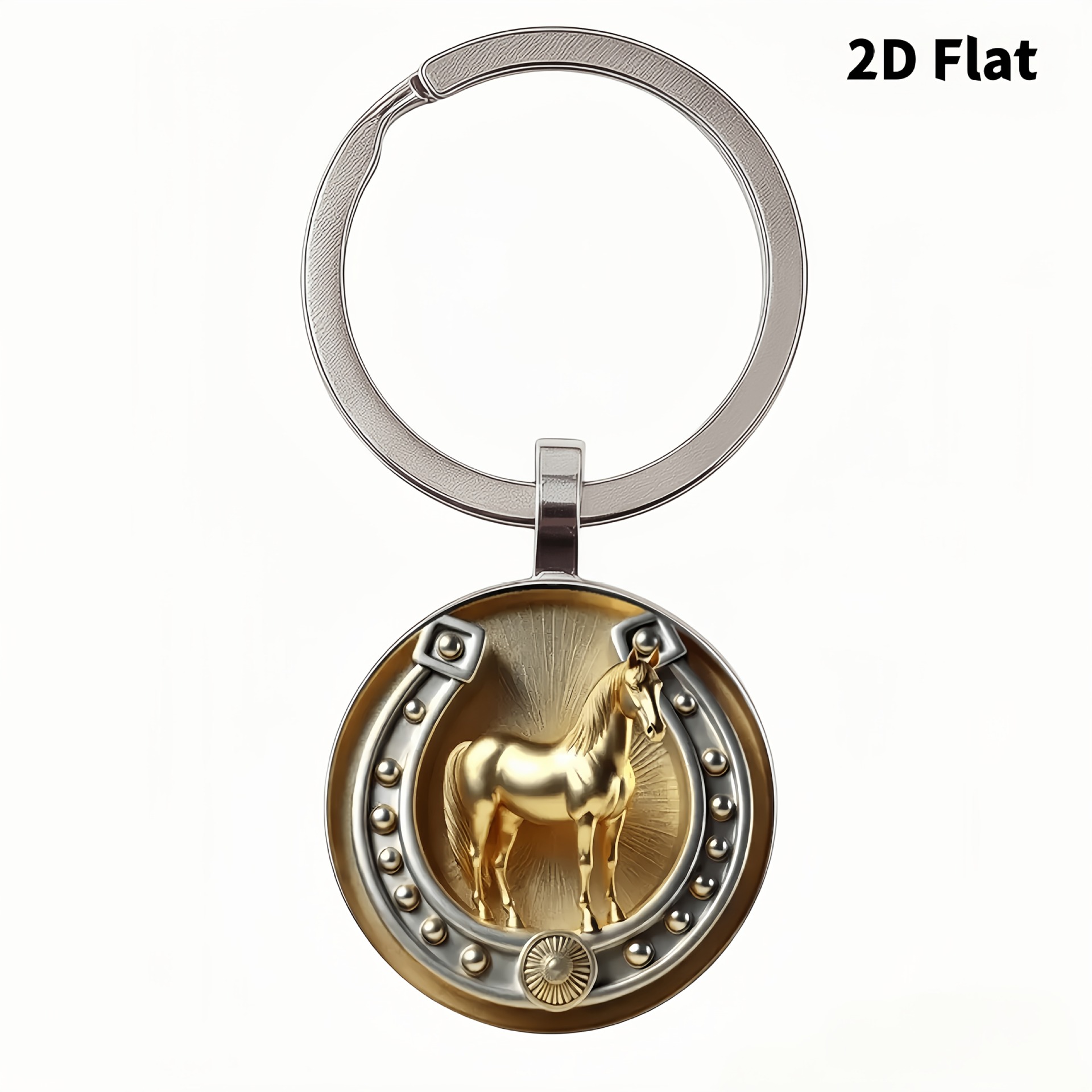 Ventas transfronterizas calientes de caballo de oro y herradura de caballo llavero colgante de vidrio accesorios llavero de aleación de moda