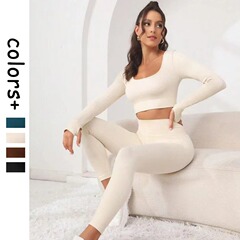 新款螺紋無縫瑜伽長袖提臀高腰長褲健身運動瑜伽套裝女yoga sets