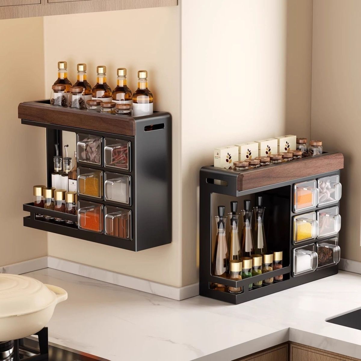 Walnut Kitchen Spice Storage Rack Countertop Wall-Mounted Punched Seasoning Condiment Multi-Functional Storage Rack