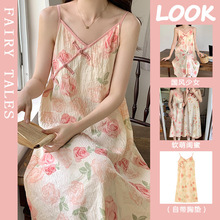 带胸垫纯棉睡裙女夏季新款新中式国风吊带中长款女士睡衣家居服