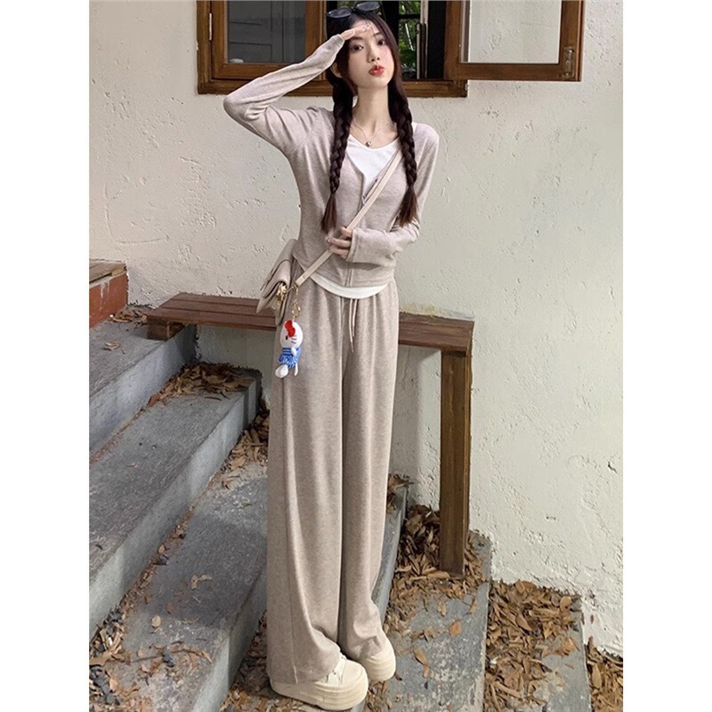 盐系休闲运动套装女秋洋气显瘦设计感假两件长袖T恤阔腿裤两件套|undefined
