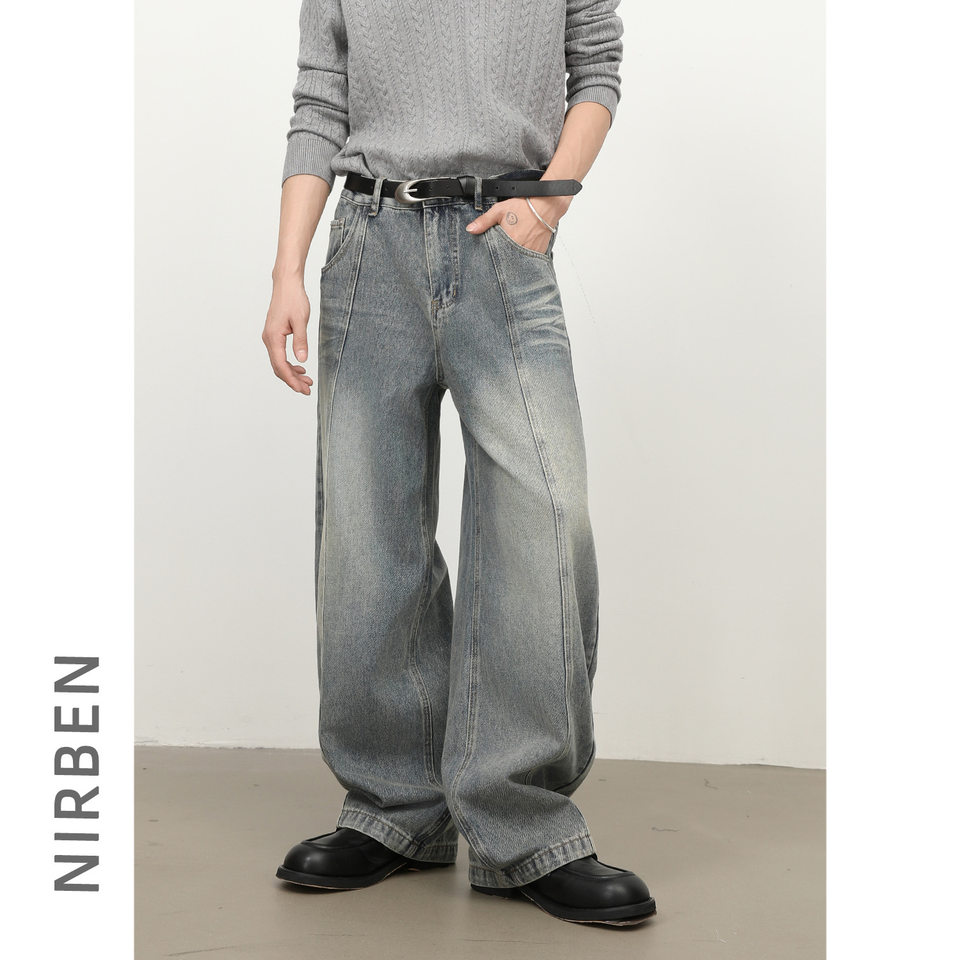 Quần jean nam ống rộng lưng giữa, dáng suông thẳng, denim mềm phong cách retro — màu xanh