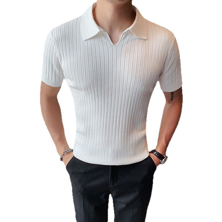 Verano nueva camiseta de punto seda de hielo de manga corta hombre delgado comercial polo camiseta de cuello V camiseta comercio exterior Europa y América al por mayor transfronterizo