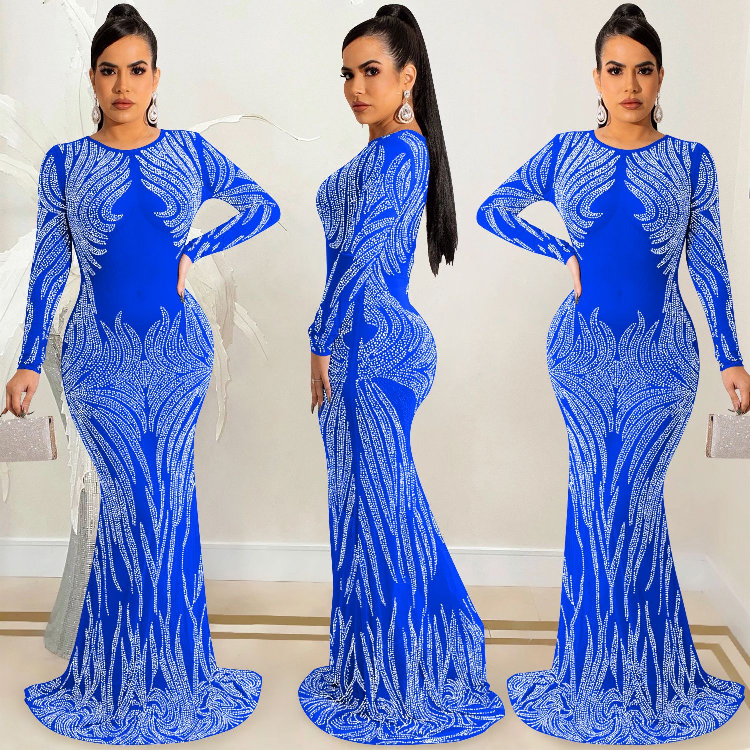 Hot Drilling Mesh See-Through Long-Sleeved Trailing Prom Dress NSXYZ110906