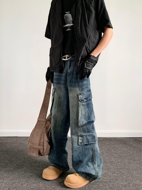 Spring and Autumn Heavy Washed Old Tooling Jeans Men's Spring and Autumn New Multi-Pocket Loose Wide Leg Casual Trendy Pants