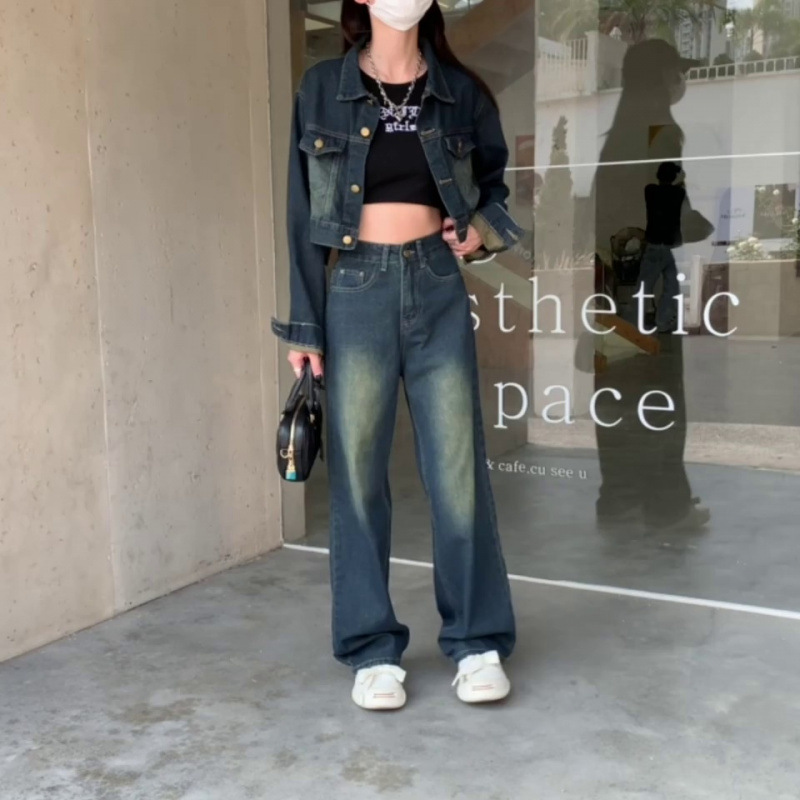 Denim Short Coat Jacket suit Top Women's Spring 2024 New Retro Mop Wide Leg Long Pants Two-piece Set