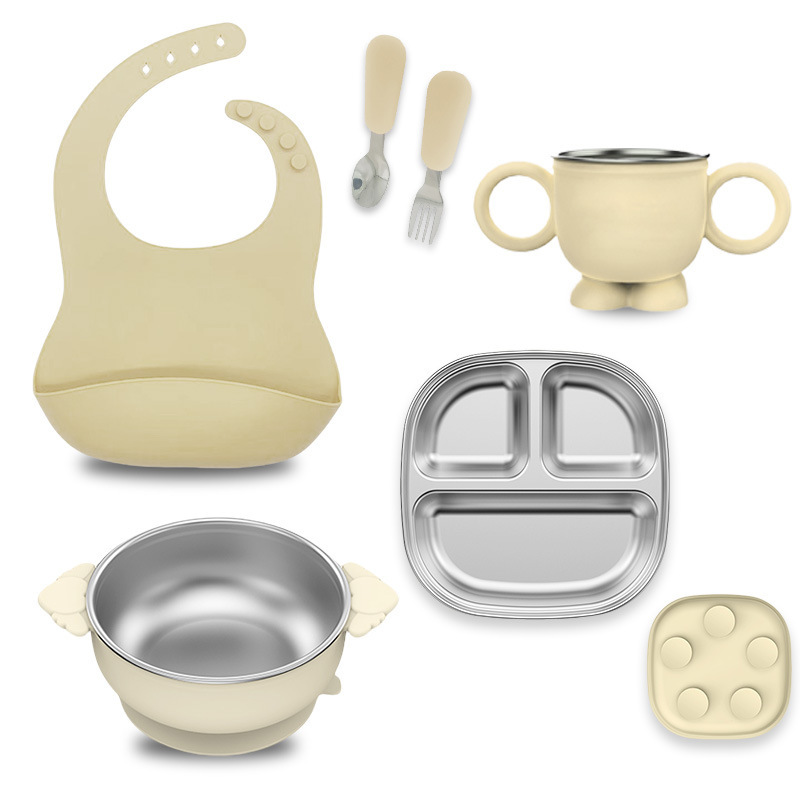 Children's Dinner Plate Small Tableware Set Silicone Food Grade Anti-Fall Removable 304 Stainless Steel Dinner Plate with Suction Cup