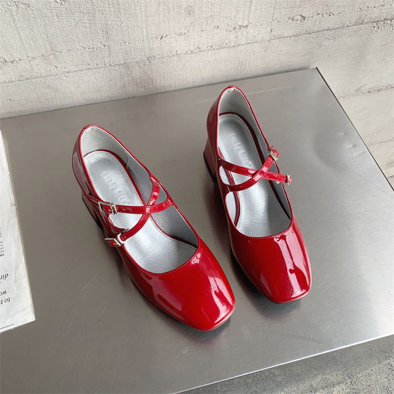 Mary Jane – talons hauts épais à Double sangle pour femmes, simples, à tête carrée, petits rouges, saison printemps et automne 2024_voghion.com
