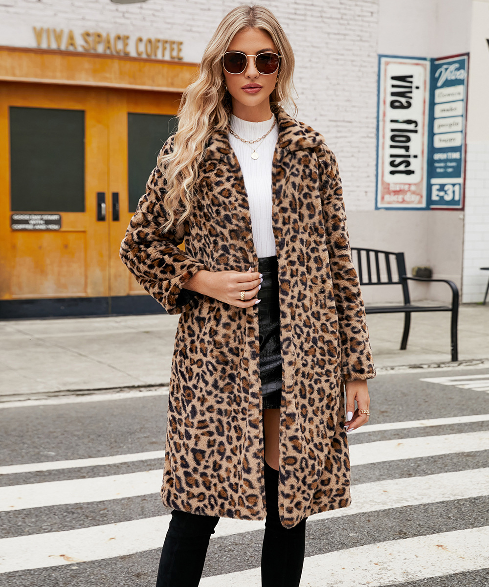Women's Clothing hot selling leopard print   fur plush lapel coat long fashionable autumn and winter new style_voghion.com