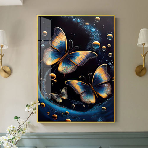 Gilt butterfly living room decorative painting sofa background wall hanging painting bedroom light luxury crystal porcelain mural diamond triptych hanging painting