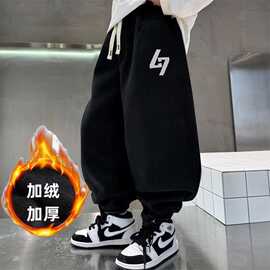 中大儿童纯棉加绒加厚秋冬一体绒灯芯绒卫裤男孩休闲运动束脚裤