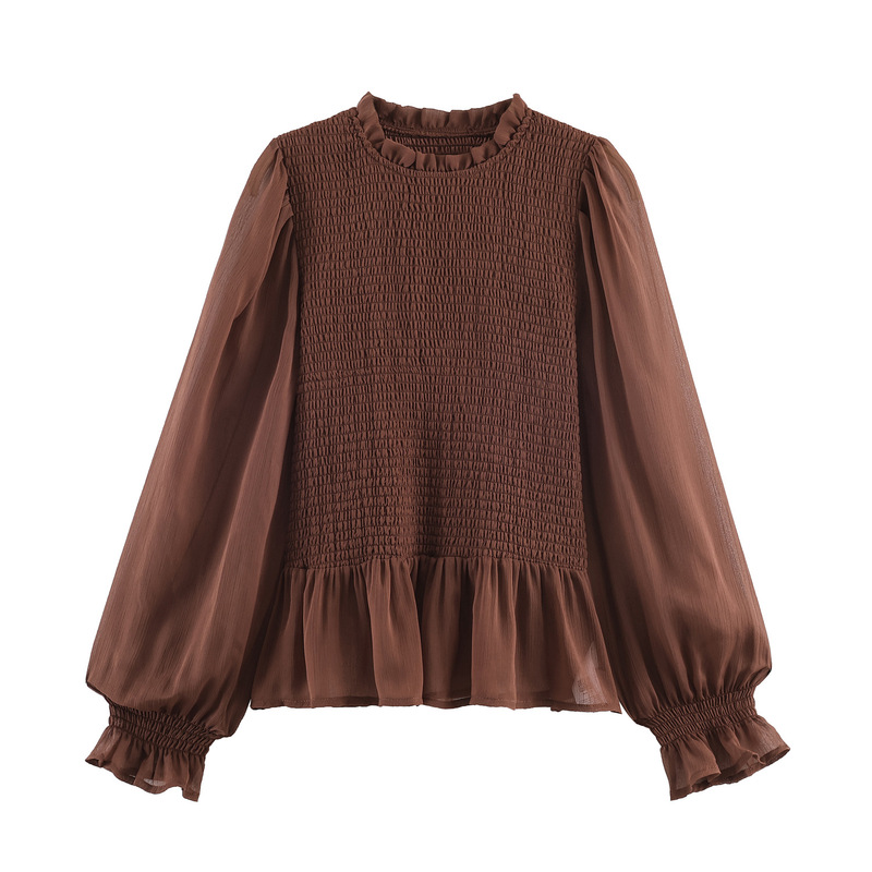 European and American Foreign Trade Women's Clothing Manufacturers Wholesale Long-Sleeved Chiffon Shirts with Ruffled Lace Collar and Full-Body Gathered Design