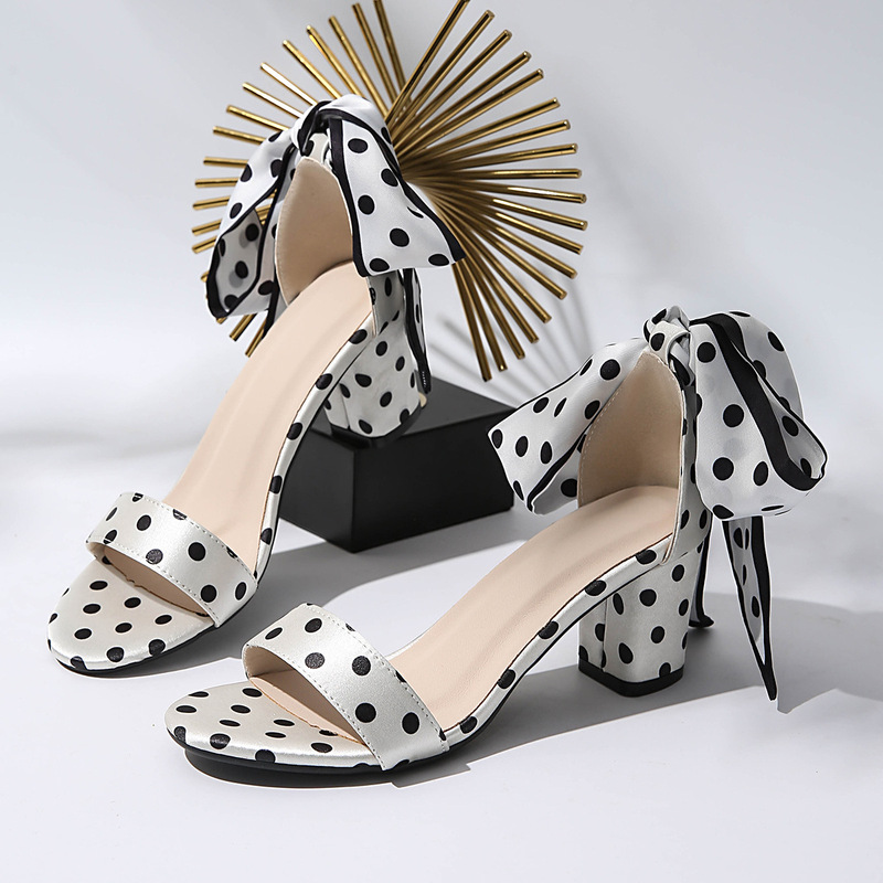 Women's High-Heeled Sandals, Classic Polka Dots, Silk Texture, Delicate Bow, Gentle and Elegant, College-Style High Heels Women's High-Heeled Sandals, Classic Polka Dots, Silk Texture, Delicate Bow, Gentle and Elegant, College-Style High Heels