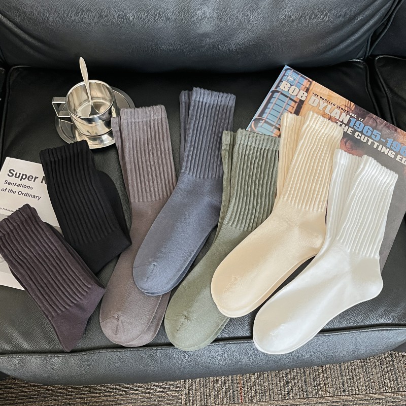 Japanese Style Retro Men's Thick Line Solid Color Mid-Socks Ami Khaki Tooling Stacked Stocking Couple's Sports Camping Socks