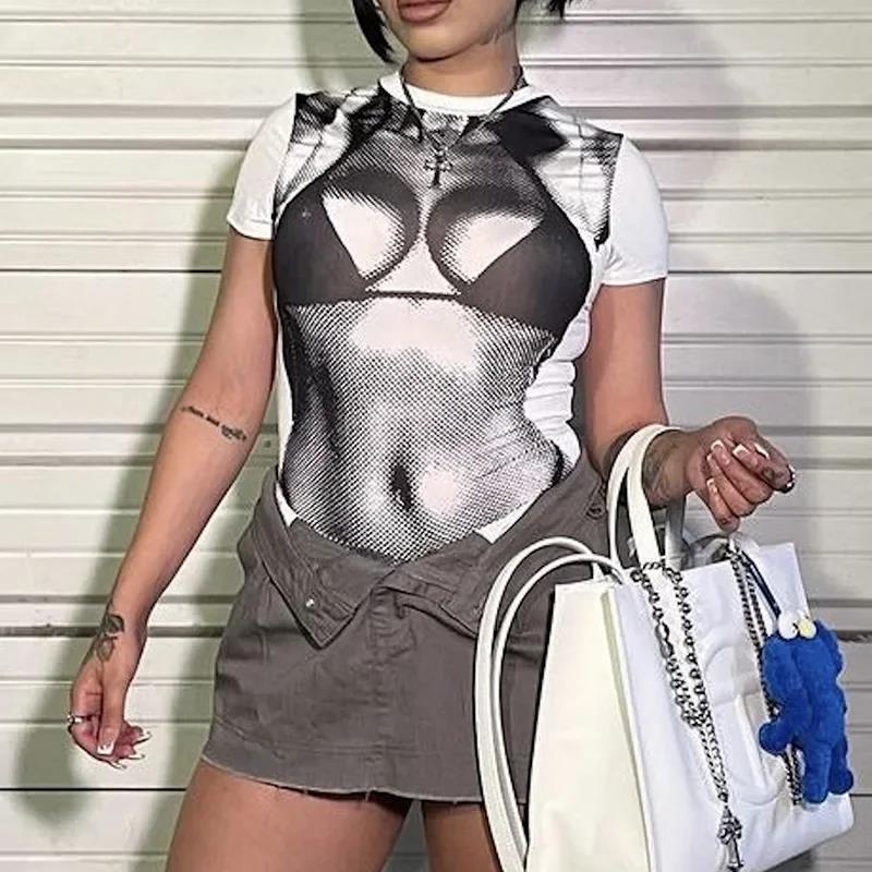 3D Human Body Print Sexy Crop Top Women Street Costume Fashion Short Sleeve Club Street Costume T-Shirt