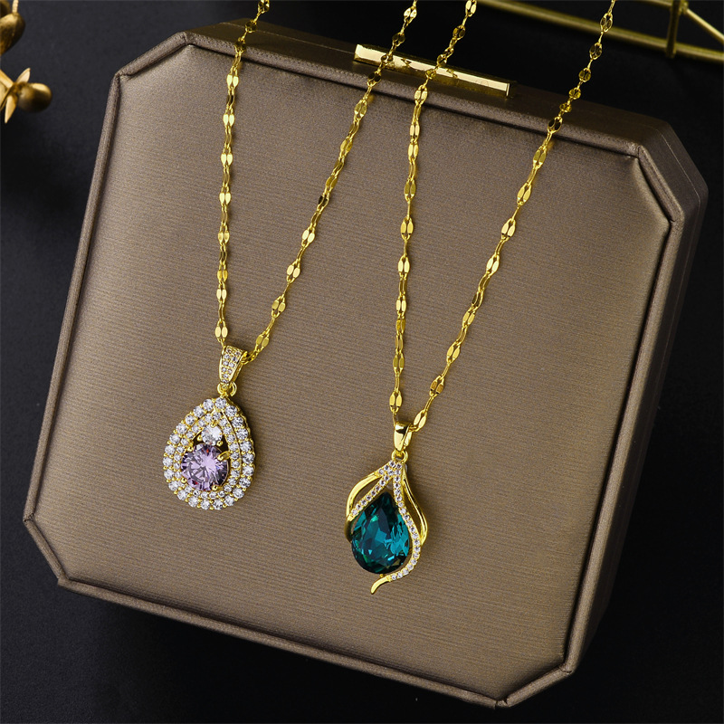 Unisex Hot Sale Fashion Korean Version Micro inlaid Zircon Water Drop Pendant Titanium Steel Clavicle Chain Jewelry_voghion.com
