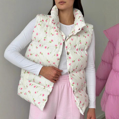 跨境印花棉服马甲欧美2025秋冬立领马甲保暖羽绒棉背心棉服马甲女