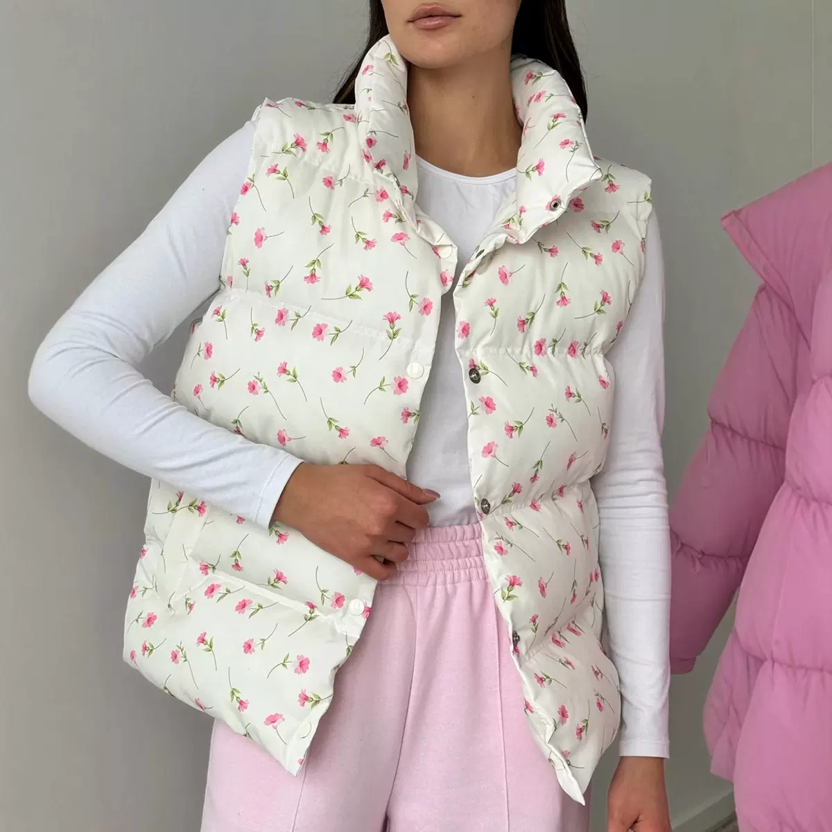 跨境印花棉服马甲欧美2025秋冬立领马甲保暖羽绒棉背心棉服马甲女
