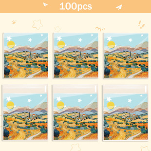 100 Pieces of Creative Oil Painting Landscape Pattern Opp Self-Adhesive Bag Ins Style Candy Biscuit Small Gift Ziplock Bag
