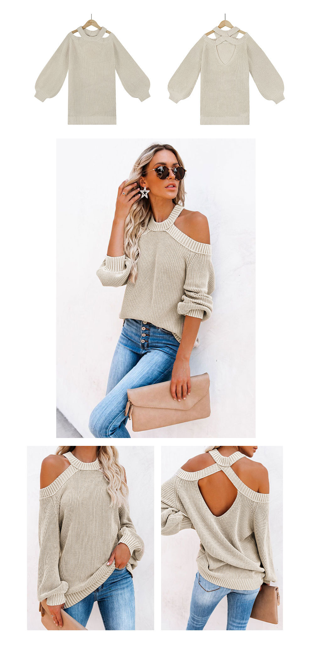 solid color long-sleeved off-the-shoulder commuter OL knitted sweater  NSWJY118383