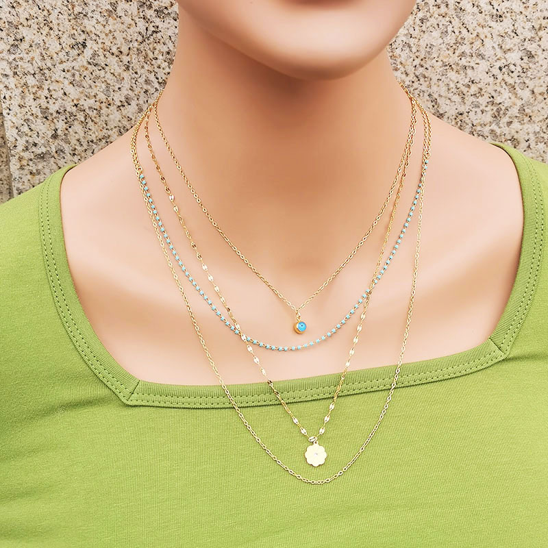 Fashion Devilu0027S Eye Flower Titanium Steel Inlay Inlaid Gold Artificial Gemstones Layered Necklac