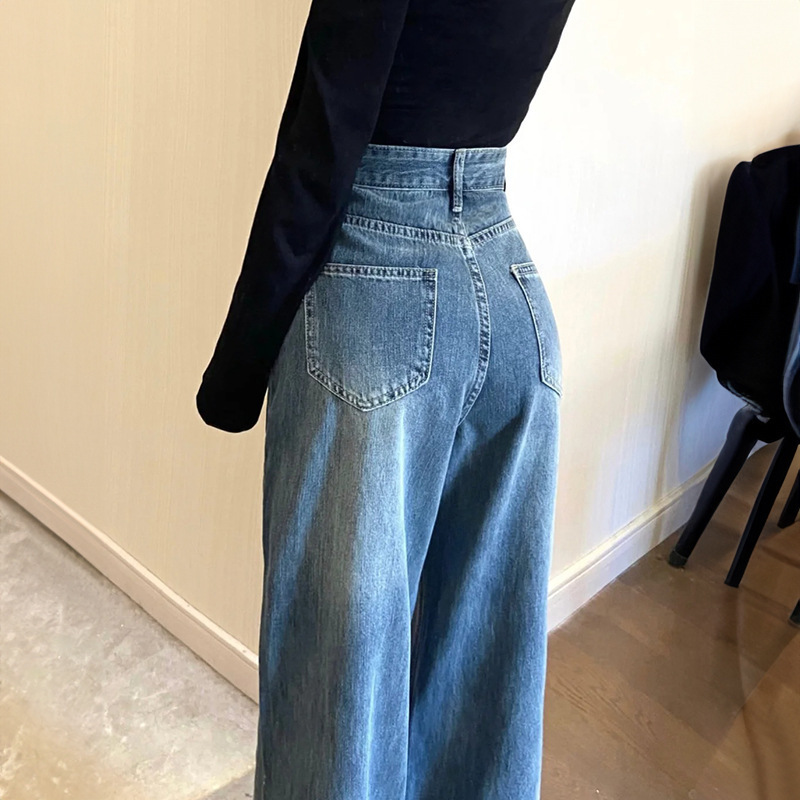 Straight-Leg Jeans for Women 2024 New Spring and Summer Petite Slim High-Waisted Retro Loose Wide-Leg Pants