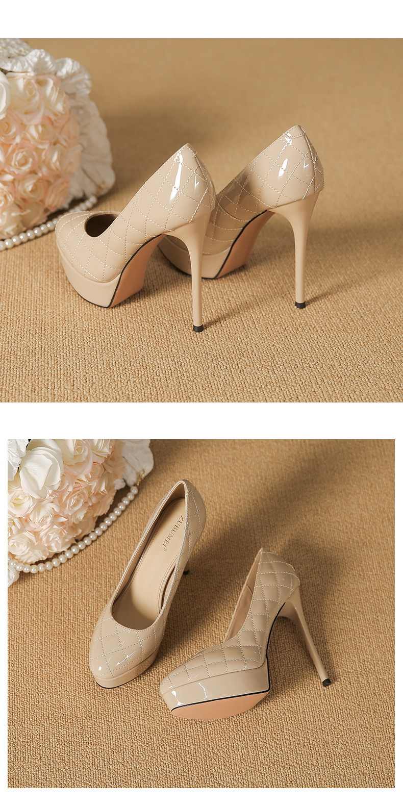Giày cao gót nữ mũi tròn đế xuồng họa tiết ca rô gót 12 cm — Màu nude-12cm chi tiết 10