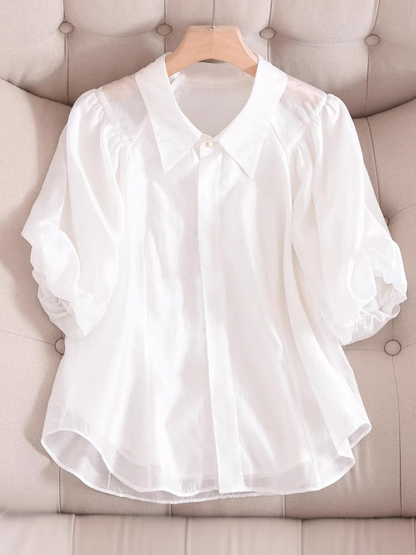 Mulberry Silk High-grade Light Luxury Puff Sleeve Doll Shirt White Shirt Women's Summer All-match Design Sense Silk Top