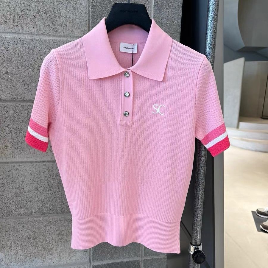 Age-Reducing Lapel Ladylike Elegant Short-Sleeved Tops Golf Clothing Girls Slimming Knitted Ice Silk Golf Clothing