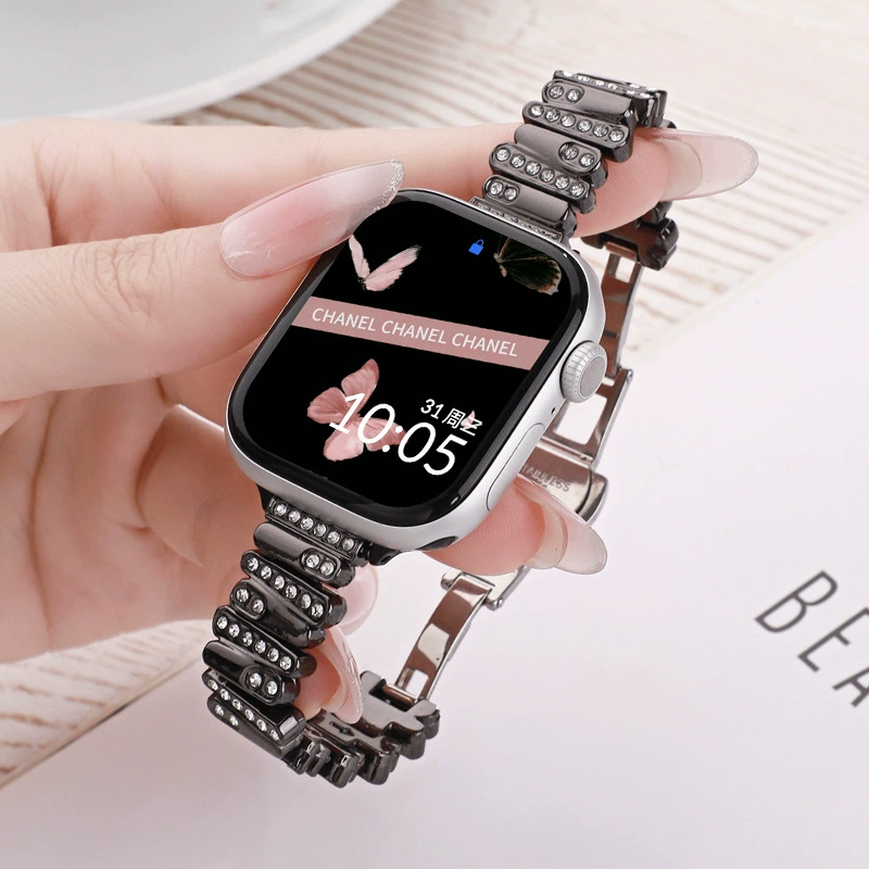 Подходящие для Apple iwatch8/9/10 ремешок металл некруглый бриллиантовый ремешок Applewatch женские часы