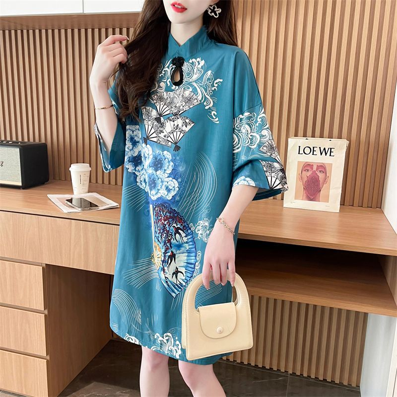 Chinese-Style Improved Mid-Length Straight Dress for Spring and Summer, Cheongsam for Women, Trendy Plus-Size Top, Hanfu T-Shirt Dress