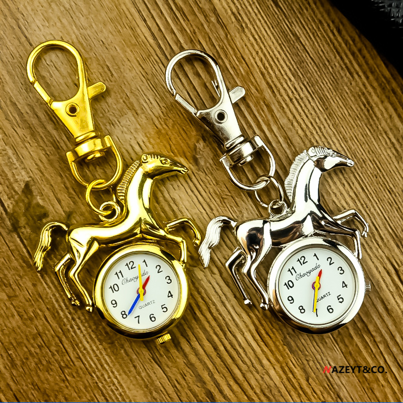 Primary School students creative small gold silver horse hanging watch boys and girls key chain can be hung bag learning time pocket watch
