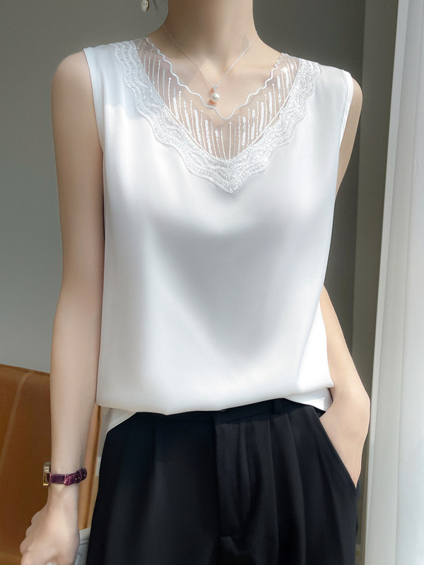 Mulberry silk lace sequins stitching chicken collar sleeveless wide shoulder vest top silk satin sling