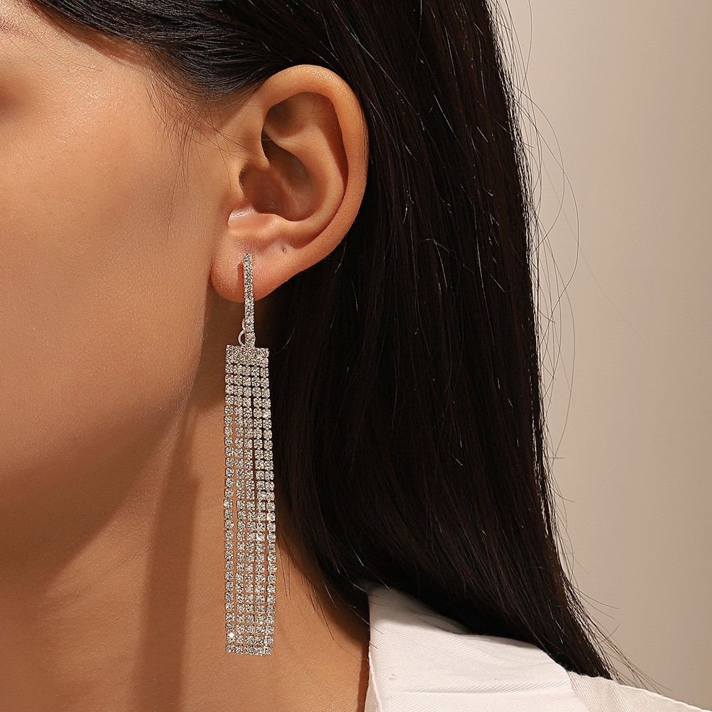 Exaggerated Tassel Rhinestone Drop Earrings For Women Elegant Style_voghion.com