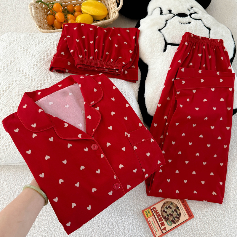 High-Appearance Value Instagram-Style Youthful and Fashionable Heart-Patterned Women's Summer Short-Sleeve Three-Piece Pajama Set Home Wear Wholesale