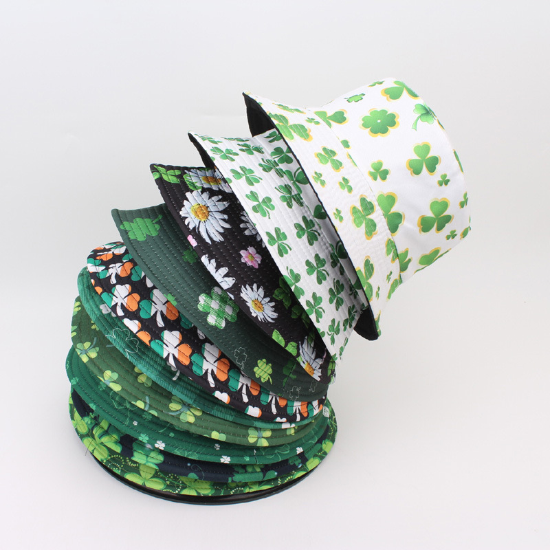 Versatile Irish Festival Clover Print Fisherman Hat Fresh Style Reversible Sunshade Sun Hat for Women