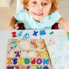 Wooden Children's Number Board, Alphabet Board Puzzle, Matching Geometric Shapes, Early Learning Educational Toy with Grab-and-Insert Pieces