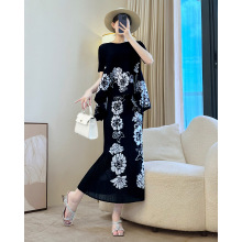 一件代发三宅高端黑色套装女印花褶皱弹簧上衣夏季新款百褶半身裙