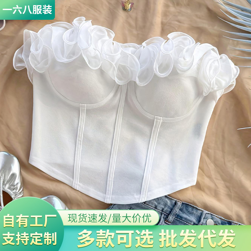 Real Shot of 2025 Elegant and Elegant Stereo Flower Pure Desire Tube Top Vest Worn Outside and Inside with Slim Sexy Top