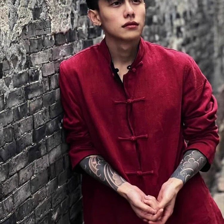 New Chinese Men's Wear Chinese Style Buckle Flower Shirt Autumn Republic of China Men's Wear Zhongshan Modern Tang Dress for Young Men