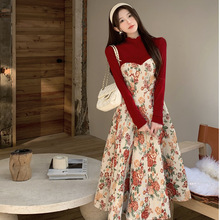 可拆分法式百搭两件套2024秋冬绝美惊艳红色订婚领证碎花连衣裙潮