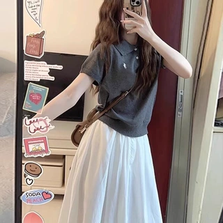 冰爽丝polo领刺绣甜美温柔风针织短袖T恤女夏季修身显瘦短款上衣